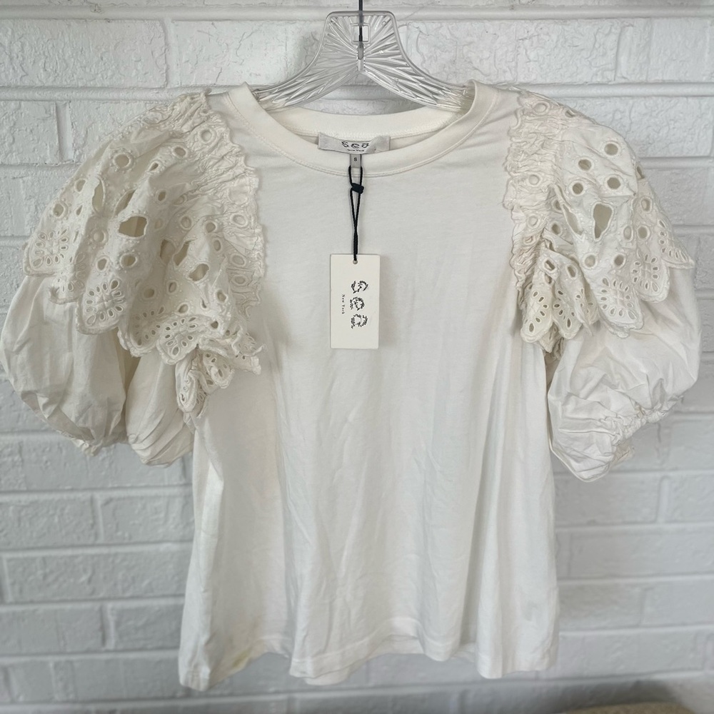 Sea New York White Eyelet Short Puffy Sleeve Top NWT
